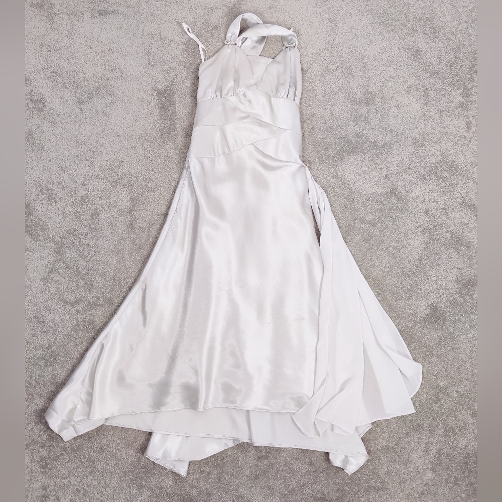 Let's Fashion Silver Satin Evening Gown Size XS Party Cocktail